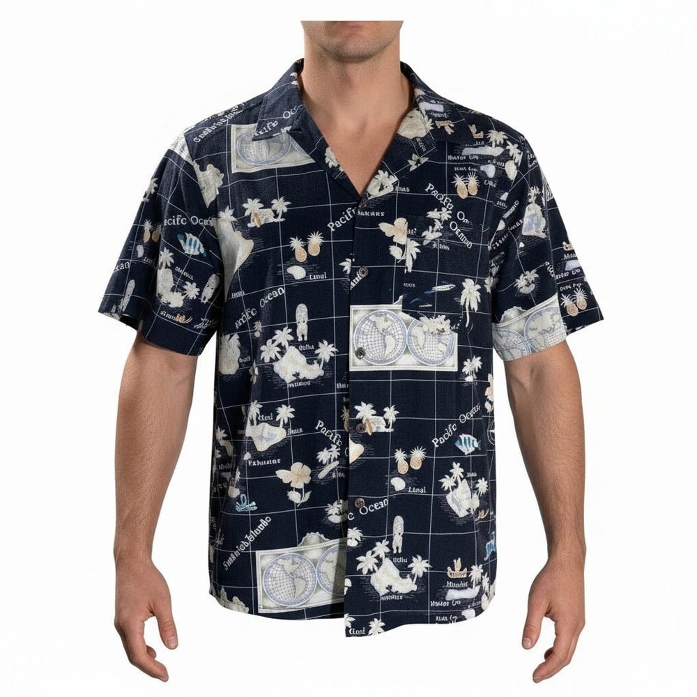 RJC Hawaiian Aloha Shirt XL Islands Palm Trees World Map Nautical Black Tan